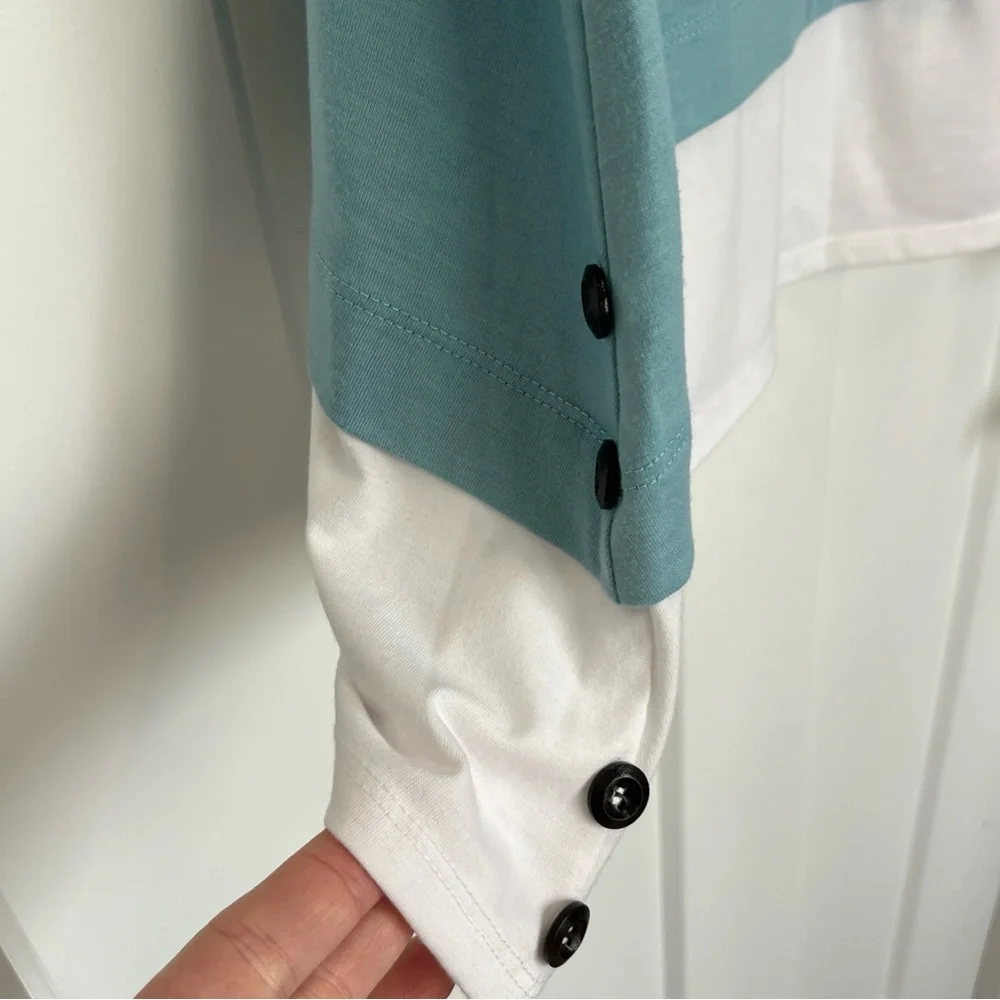 Simply Noelle Size S/ M Teal White Sleeveless Polyester Spandex Tunic Buttons‎